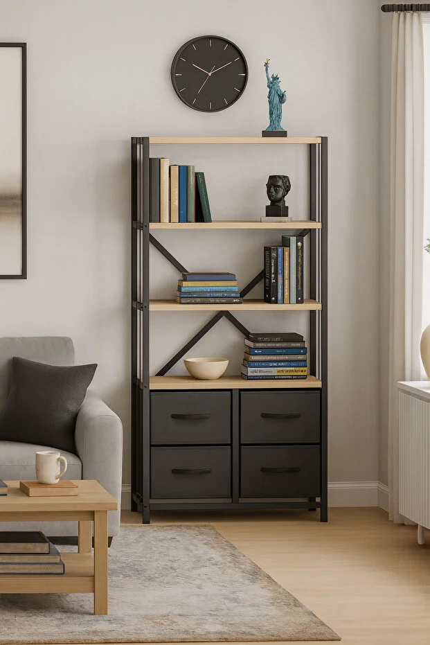 4 Çekmeceli 4 Raflı Kitaplık Çalışma Odası Düzenleyici Metal Kitaplık Deri Çekmeceli Kitaplık Antrasit